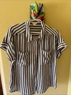 Caslon Navy and White Stripe Short-Sleeve Button-Up Cotton Shirt - Large